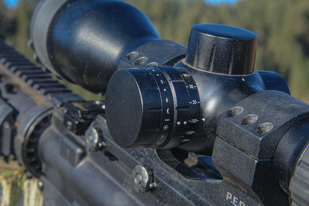 The parallax and illumination wheels are stacked on the left side, giving this compact scope clean lines. Illumination includes five daytime and six nighttime intensity settings.